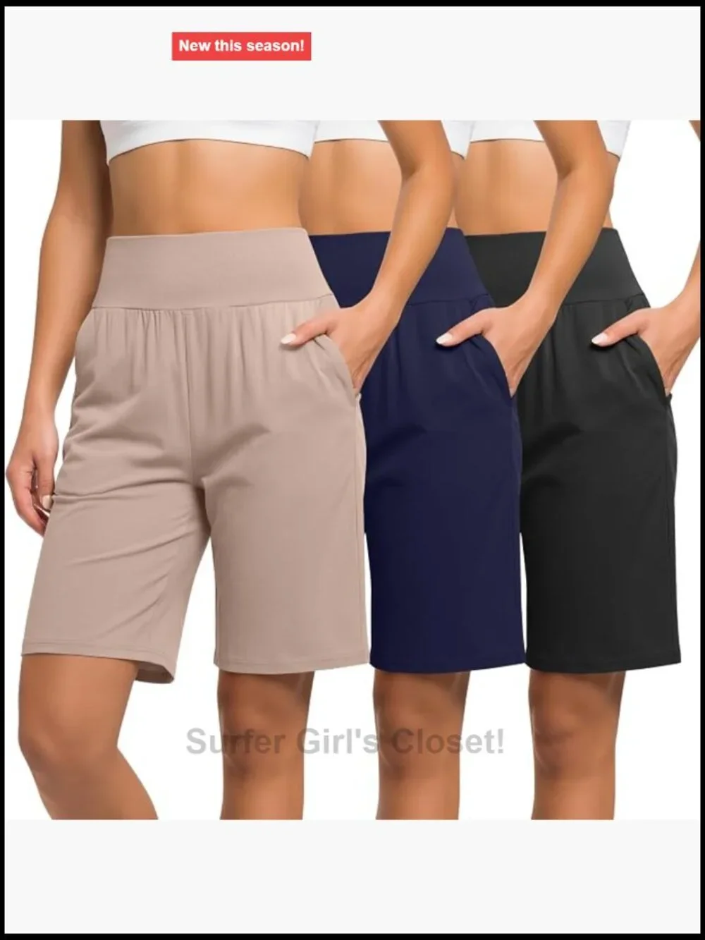 3 Pack High Waist Bermuda Shorts with Pockets Cotton Spandex Stretch Casual